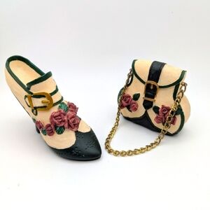 2 Pieces Miniature Victorian Matching Shoe, Beige Black Pink Flowers collectible
